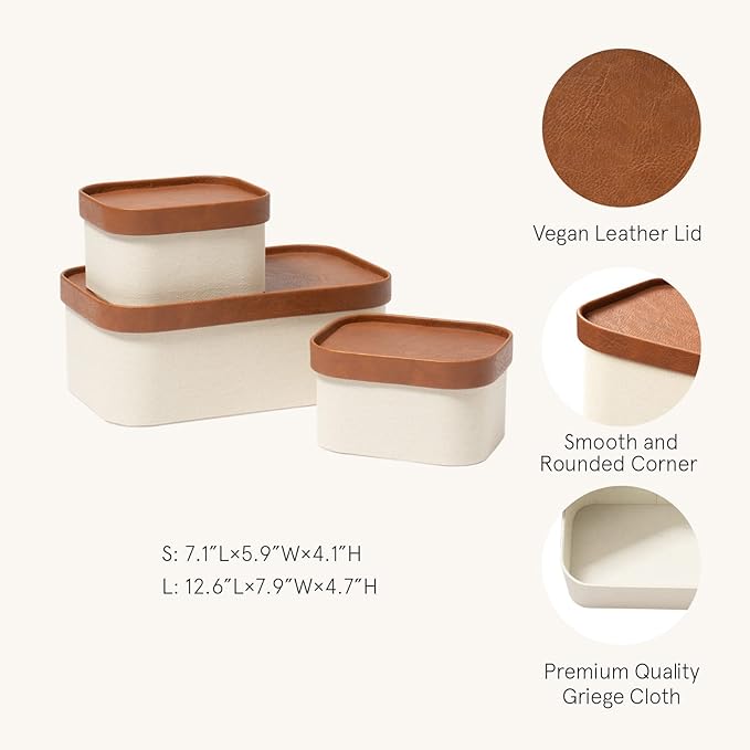 LA JOLIE MUSE Decorative Storage Boxes with Lids Faux Leather, Beige 3 Pack | Vegan Leather Lids, Fabric Covered Storage Basket, Organizer for Jewelry, Shelves, Bedroom & Closet Storage Memory Box