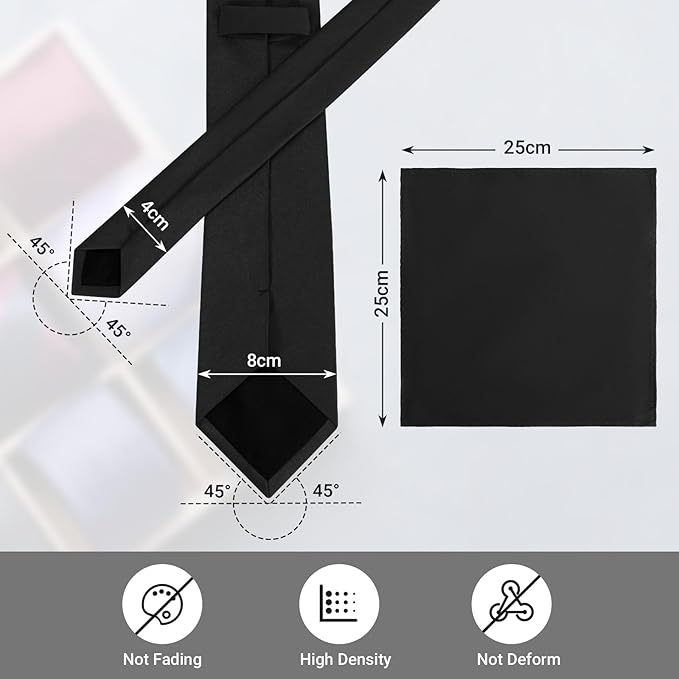 Black Tie Set in Gift Box Mens Solid Color 3.15" (8CM) Black Necktie and Pocket Square Set