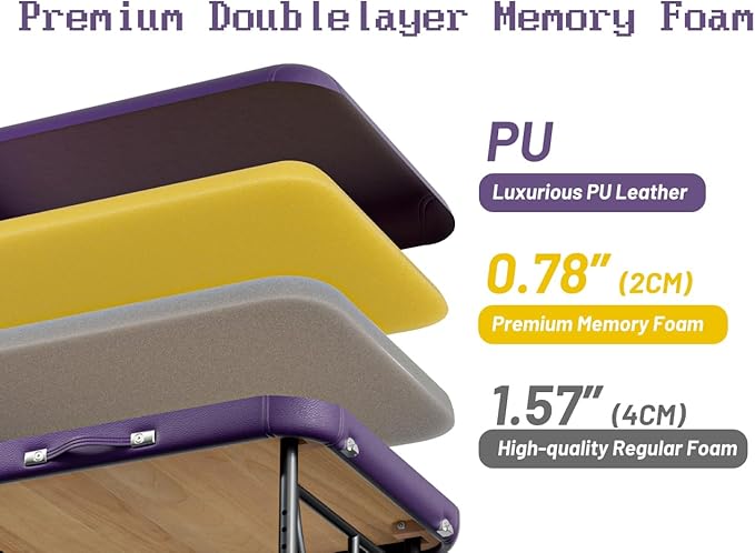 Professional Massage Table Portable 2 Fold Premium Memory Foam Aluminium Leg Hold Up to 1100LBS 8 Heights Adjustable with Carrying Bag Violet