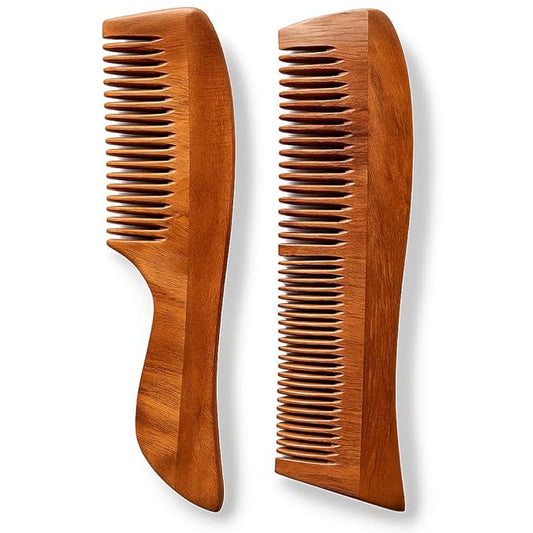 Natural Neem Wood Comb Set of 2 (Wave Lily & Wave Handle) | Wide & Fine Tooth Wooden Hair Pick Comb Set for Men & Women | Eco-Friendly, Plastic-Free Wooden Combs for Daily Grooming | Curly & Texted