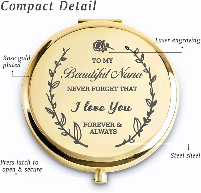 Nana Gifts from Granddaughter Grandson, Personalized Gift for Nana, Custom Compact Mirror, Goodie Bag & Basket Stuffers for Valentines Day, Mothers Day, Birthday, Wedding