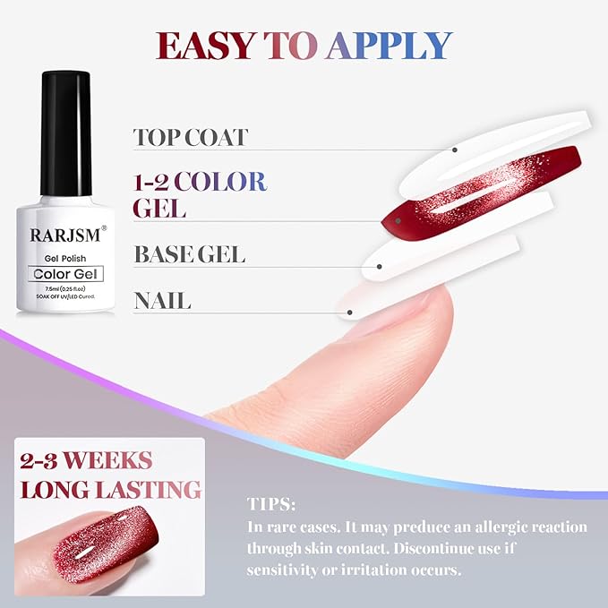 RARJSM Diamond Glitter Cat Eye Gel Polish Set 6 Pcs Sparkle Black Silver Red Blue Brown Nude Color Velvet Ice Jelly Glass Milky Way Cateye Gelpolish with Magnet Stick Curing Requires Home Manicure