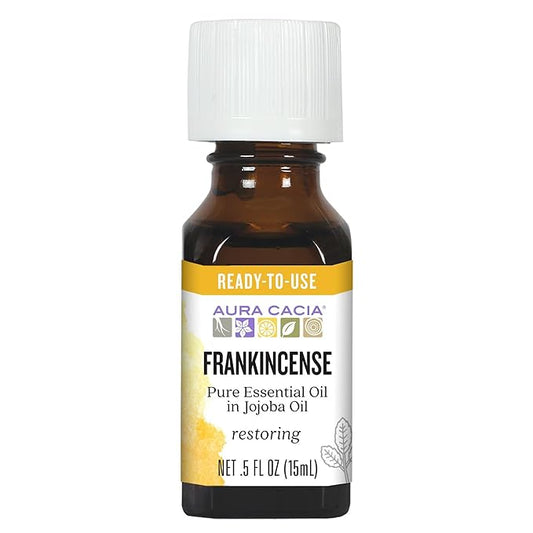 Aura Cacia Frankincense in Jojoba Oil, 100% Pure Boswellia Sacra Essential Oil Blend for Skincare, Massage, Meditation, and Aromatherapy | 0.5 Fl Oz (Pack of 1)