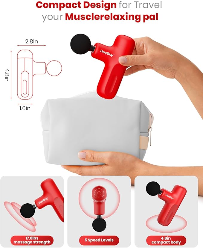 Super Mini Massage Gun Deep Tissue, Handheld Muscle Massager with 4 Heads, Percussion Travel Size Massager Gun for Back Pain Relief, Quiet for Home, Gym, Office, Gift for Men & Women, Red