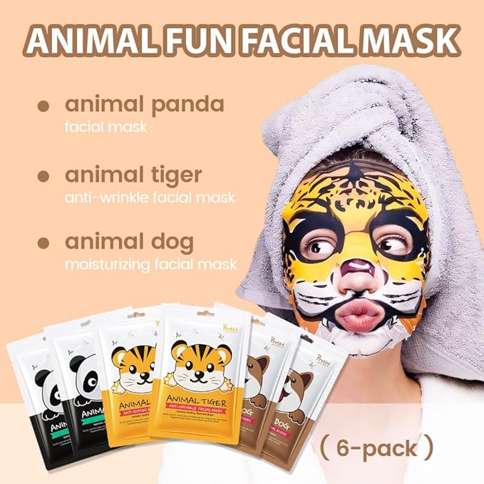 evpct 6-Pack Animal Sheet Face Facial Masks for Women Skincare Spa, Cute Facial Spa Day Slumber Sleepover Birthday Party Favors Supplies Kit, Natural Ingredients, Hydrate and Soothe for All Skin Types