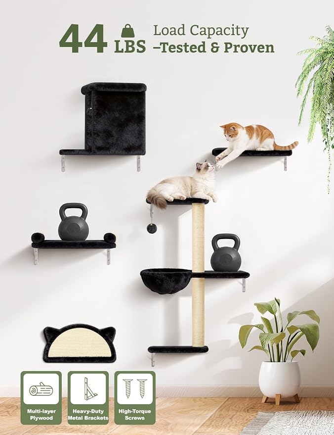 5-in-1 Cat Wall Shelves, Solid Wood Cat Wall Furniture Set for Indoor Cats | 44 lb per Shelf, 72-Hour Load Tested, Pre-Drilled, Fits 16 in. Stud Drywall & Solid Walls, for Small to Medium Cats