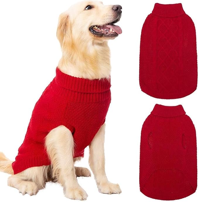 Mihachi Turtleneck Dog Sweater - Winter Coat Apparel Classic Cable Knit Clothes with Leash Hole for Cold Weather, Ideal Gift for Pet in New Year Red Medium/Large