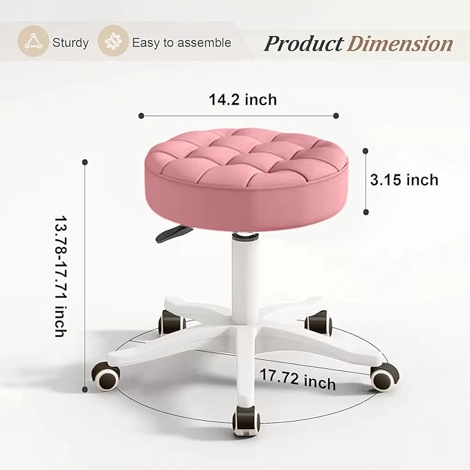 Small Rolling Stool with Wheels, PU Leather Height Adjustable Vanity Work Task Stool, 360 Swivel, Padded Seat Cushion, for Salon, Home, Office