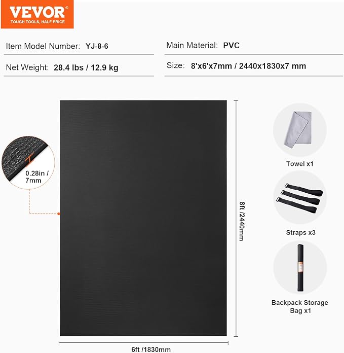 VEVOR Large Exercise Mat, 12'x6'/10'x6'/9'x6'/8'x6'/8'x5'/7'x5'/6'x4' (7mm) Extra Thick, Non Slip High Density Premium Workout Mat, Exercise Yoga Mat for Men & Women, Fitness & Exercise Mat with Bag & Carry Strap, for All Types of Home Yoga, Pilate & F...