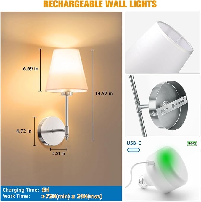 14.5 inch Battery Operated Wall Sconce Set of 2,Brushed Nickel Rechargeable Wall Lights with 10400mAh Dimmable Bulbs and Remote,9 Colors Wireless Sconces for Bedroom Living Room Decor