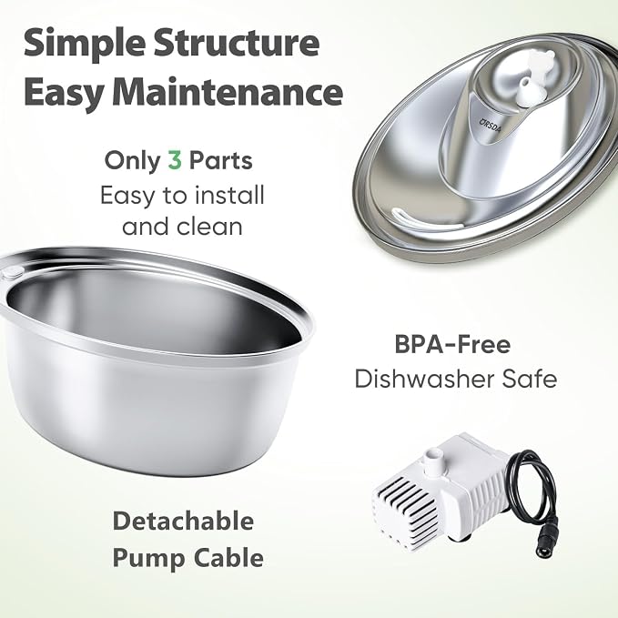 ORSDA Cat Water Fountain Stainless Steel, 3L Automatic Pet Drinking Fountain for Cats Inside, Dog Water Dispenser with Adjustable Water Flow and 6 Replacement Filters for Cats, Dogs (D60)