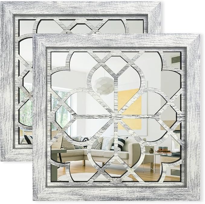Set of 2 14 Inch Square Grey Window Pane Wall Mirrors, Shatterproof Rustic Farmhouse Boho Vintage Accent Mirrors for Living Room Bedroom Bathroom Entryway