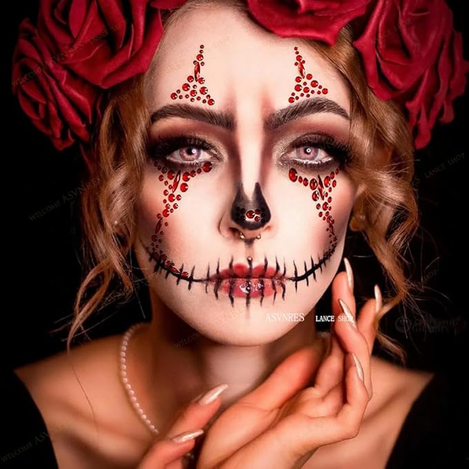 4 Pieces Face Gems Jewels Tattoos for Halloween, Day of the Dead Face Temporary Skull Tattoos Rhinestone Crystal Stones Body Gems Makeup Stickers for Halloween Festival Rave Party Outfit