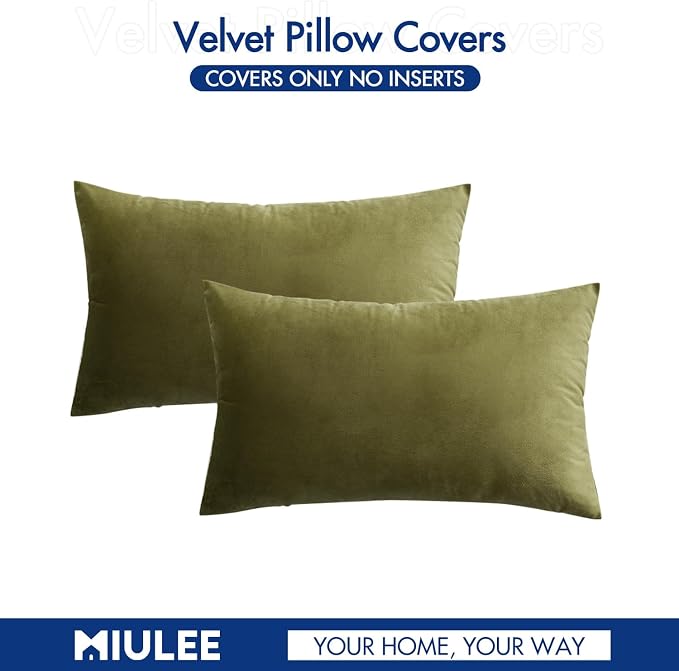 MIULEE 12x20 Inch Lumbar Velvet Throw Pillow Covers Light Olive Green | Pack of 2 Soft Solid Decorative Pillow Covers, Modern Luxury Home Decor, for Chair Couch Sofa Bedroom Livingroom
