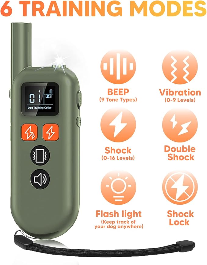 Dog Shock Collar - 3300FT Dog Training Collar with Remote, Flashing Light, IPX67 Waterproof Dog Collar with 6 Training Modes, Smart Dog E Collar for 15-120lbs Small Medium Large Dogs