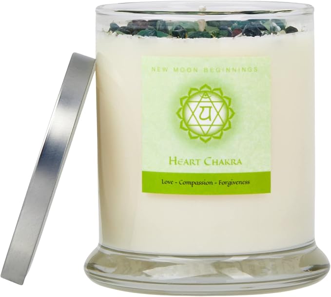 Heart Chakra Candle by New Moon Beginnings - Chakra Candles - Dried Flower, Herb, & Crystal Candles - Aromatherapy Candles - Soy Candle - 12oz Glass Jar