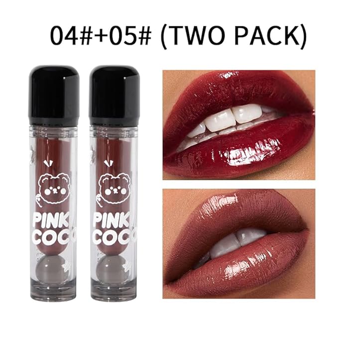 PINKCOCO Mirror Gloss Lip Lacquer Set, 2 Pack (2.4g Each) – Long-Lasting Non-Sticky Lip Gloss, High Shine Moisturizing Lip Tint, Nude & Bright Shades for Daily Makeup & Gift (04+05)