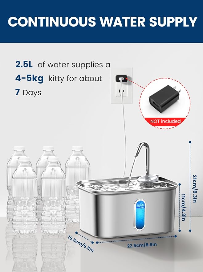 Cat Water Fountain Stainless Steel for Cats Indoor 2.5L 85oz by BPA-Free SUS304, Effective 6-Layer Filter Cat Fountain for Drinking 20dB Ultra Quiet Metal Pet Water Fountain (Fountain+1 Filter)