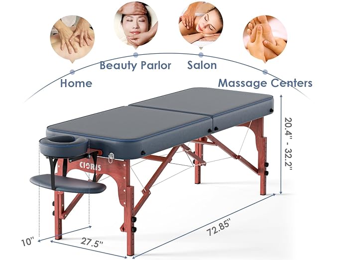 CLORIS 84" Professional Massage Table Portable Reinforced Wooden Leg Hold Up to 1100LBS 2 Folding Lightweight Spa Salon Tattoo Massage Bed Height Adjustable with Carrying Bag - Blue