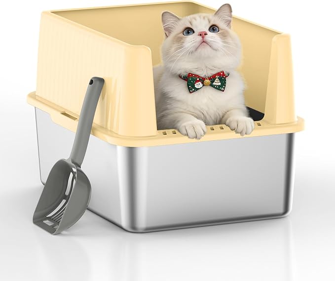 Stainless Steel Small Cat Litter Box, 11.8" High Sides, Low Entry | Non-Stick Surface for Easy Scooping, Odor-Resistant Stainless Steel, Anti-Leak Design, Compact Size for Small Spaces