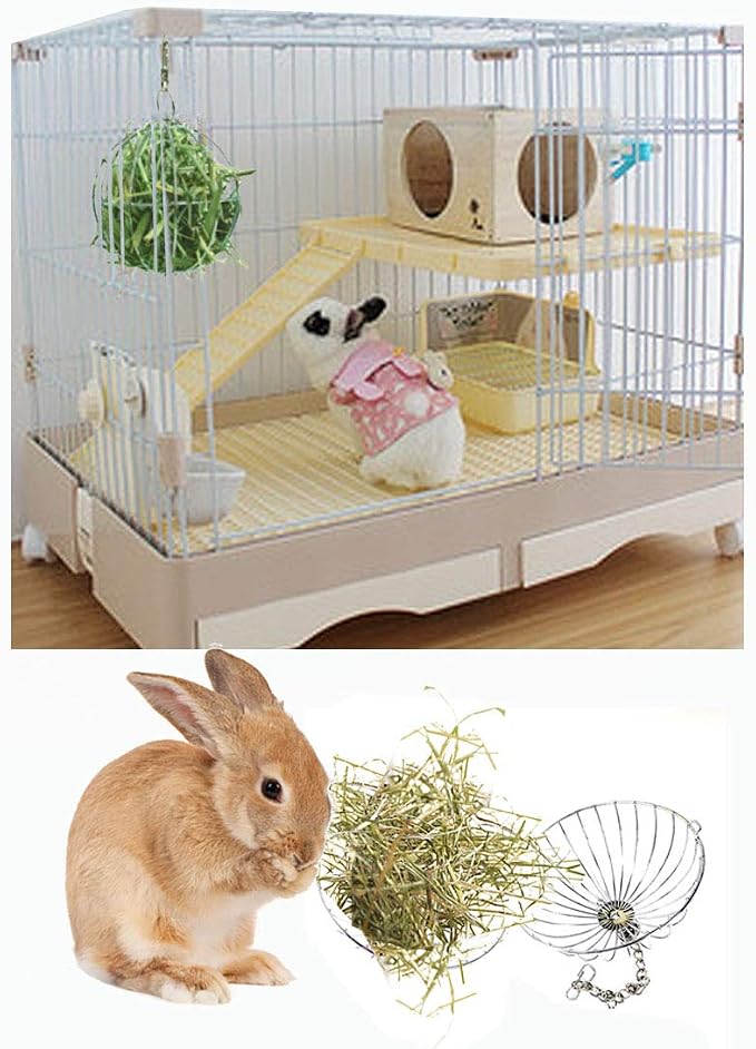 Tfwadmx Rabbit Hay Feeder, Grass Play Hay Ball Chew Toy Stainless Steel Food and Grass Frame Bowls, Small Animals Hay Manger Dispenser for Hamsters Gerbils Chinchillas Guinea Pigs