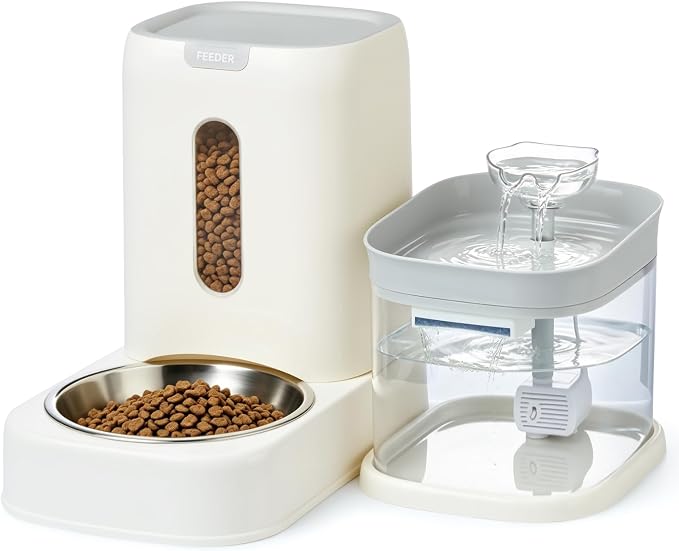 Automatic Cat Feeder Set, Water Fountain and Gravity Food Feeder, Large Capacity Set with Stainless Steel Bowl, Easy to Clean,Suitable for Kitten, Small and Medium Cat, Rabbit, and Small Pet