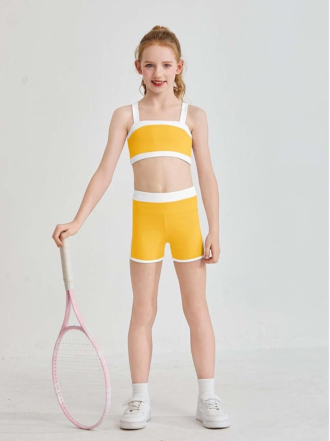 Haloumoning Girls 2 Piece Outfits Athletic Color Block Training Bra and High Waisted Shorts Clothing Sets 5-14Y