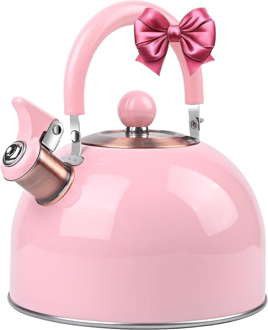 2.6 Quart Pink Whistling Tea Kettle for Stovetop, Stainless Steel Teapot with Cool-Touch Handle, Loud Whistle, Wide Base, Induction Compatible for Gas Electric Glass Cooktops