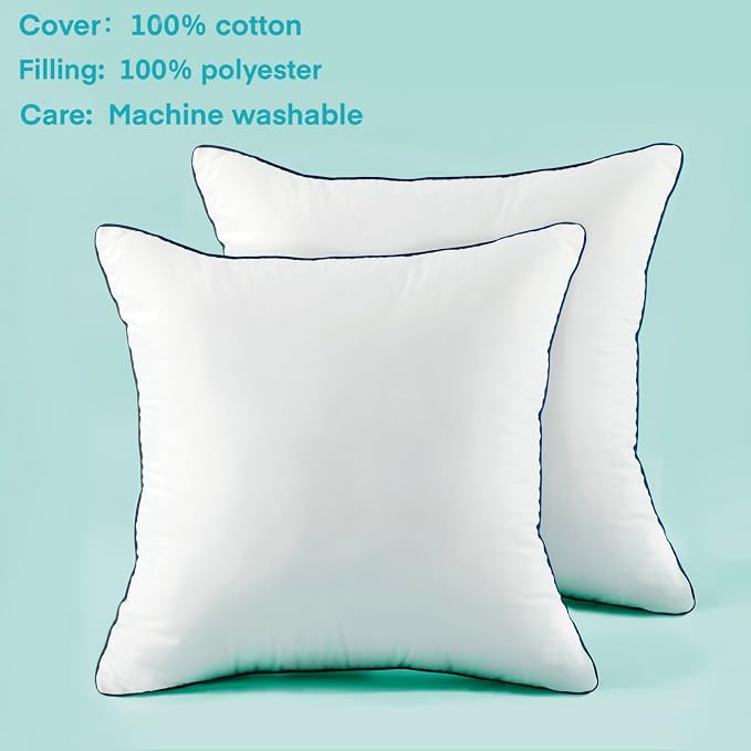 18x18 Down Alternative Pillow Insert 2 Pack, 100% Cotton Cover | 100% Premium Polyester Fill, Fluffy & Soft with Comfy Support - White Decorative Cushion Inserts for Couch, Sofa & Bed