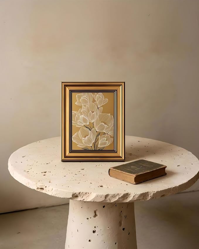 Gold Framed Wall Art, Vintage White Magnolia Flowers Line Canvas Prints, Neutral Japandi Style Floral Picture Wall Decor, Minimalist Botanical Artwork for Living Room Bedroom 9x11 inch