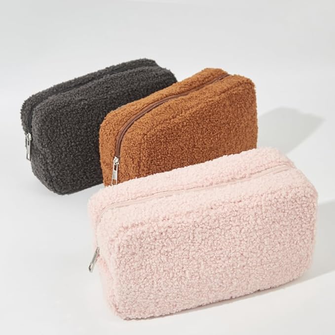 Cute Makeup Bag, Initial Cosmetic Bag, Fuzzy Makeup Bags for Women, Preppy Pink Makeup Pouch with Chenille Letter, Personalized Gifts for Women, Pink T