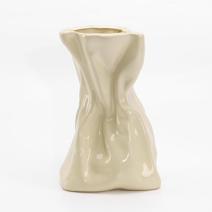 7.6 Inch Glossy Cream Ceramic Vase, Unique Crinkled Paper Bag Vase for Flower, Boho Vases for Home Decor, Wedding Centerpiece Table, Decorative Flower Vases for Entryway, Kitchen, Living Room