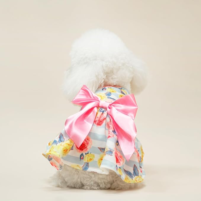 PUPTECK Floral Dog Dress with Bow Soft Cute Dog Clothes for Spring Stripe | Puppy Doggie Cat Pet Clothes Outfit Apparel Costume for Party Holiday Birthday Wedding Photoshoot for Small Medium Large Dogs