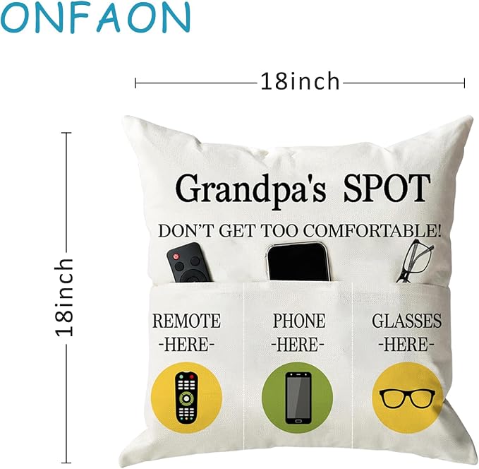 ONFAON Grandpa Gifts,Grandpa's Spot Throw Pillow Covers 18x18 Inch,Put Phone Glasses and Remote Control Pillowcase,Birthday Christmas Thanksgiving Day Gifts for Grandpa Stepdad,3-Pocket