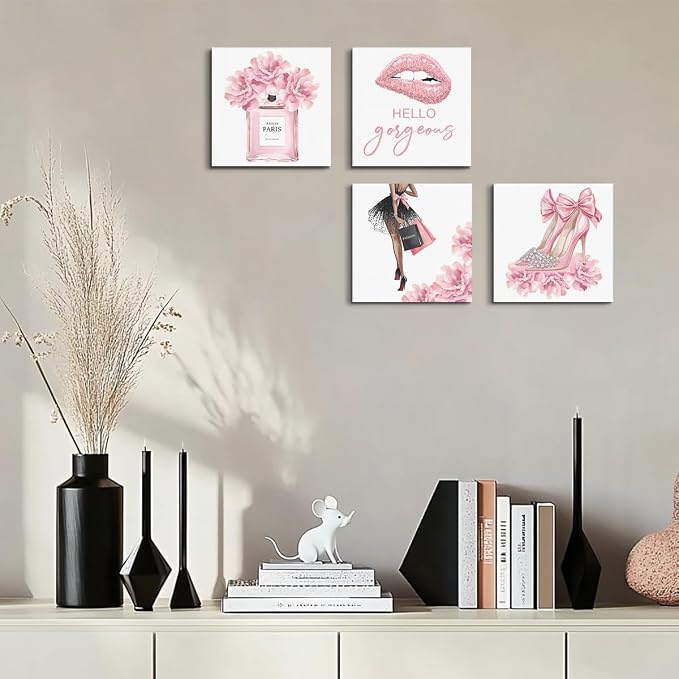 Pink Fashion Canvas Wall Art, Perfume High Heels Lipstick Beauty Wall Decor | Aesthetic Framed Posters Art Prints Artwork Pink Pictures for Women Girls Room Apartment Vogue Living Room Decor Set of 4
