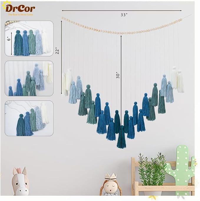 DrCor Ombre Green Boho Macrame Garland Wall Hanging Decor | Handmade yarn banner for classroom, reading corner, dorm and farmhouse styling. Pre-assembled, reusable, eco-friendly.