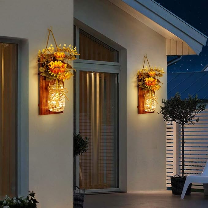OurWarm Sunflower Wall Sconces Set of Two, Mason Jar Sconces Farmhouse Wall Decor Comes with Remote Control and Warm Toned LED Lights, Rustic Sunflower Decor for Home Kitchen Dining Room Living Room