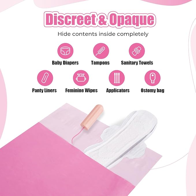 Sanitary Napkin Individual Disposal Bags, 160 Pcs Opaque Personal Care Disposable Bag, Secure Closure, Odor Control, for PadsTampons Women Period Small Trash Bag,With Pouch, Pink, Packaging May Vary