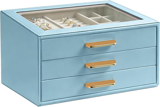 Homeanda Jewelry Boxes Organizer with Glass Lid, 3-Layer PU Leather, Blue | Modern style display case with 3 drawers for daily jewelry, women, mom or girl gift