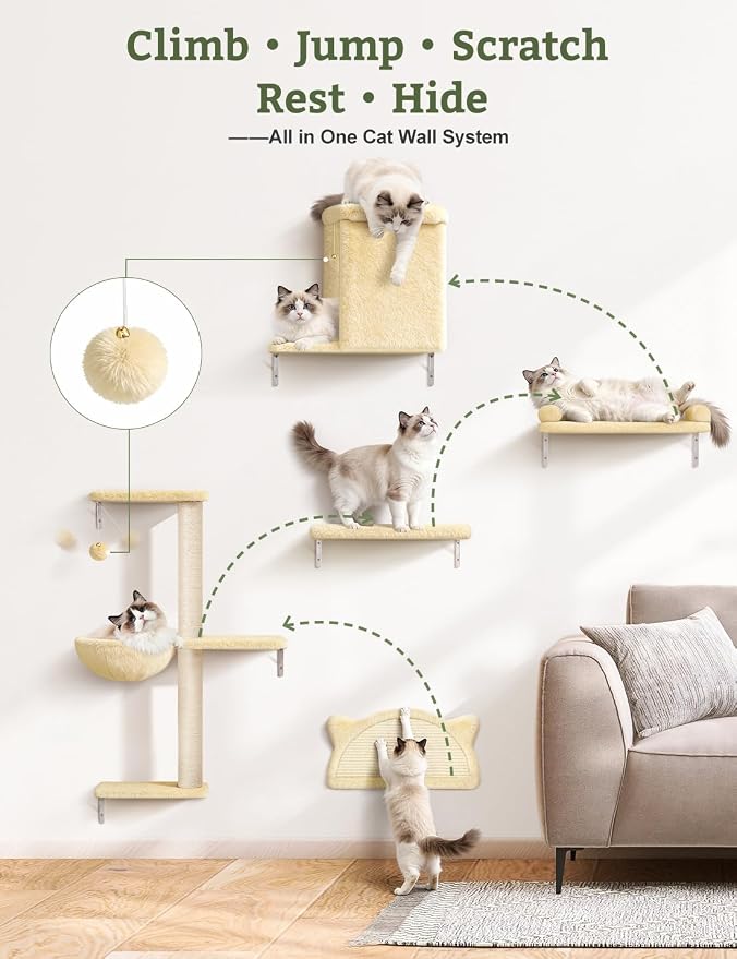 5-in-1 Cat Wall Shelves, Solid Wood Cat Wall Furniture Set for Indoor Cats | 44 lb per Shelf, 72-Hour Load Tested, Pre-Drilled, Fits 16 in. Stud Drywall & Solid Walls, for Small to Medium Cats