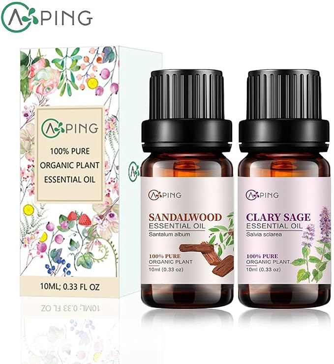 Sandalwood & Clary Sage Essential Oils - 100% Pure Organic Natural Plant Oils for Diffuser, Aroma, Spa, Massage, Yoga, Perfume, 2x10ML