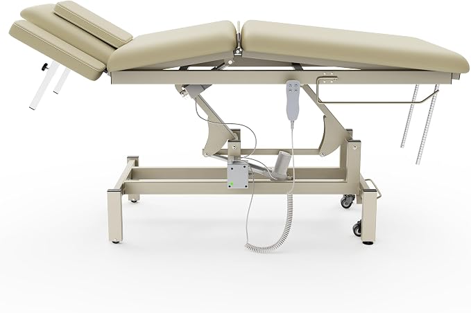 Olela 2 Motors Electric Spine Massage Table, Hydraulic Electric Lift Adjustable Waist and Height Lifting Functions for Treatment, Physical Therapy, Spinal Massage, Facial Spa, Waxing - Beige Gray