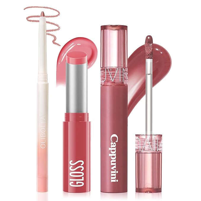 3PCS Lip Combo Set - Matte Lip Liner Pencil + Hydrating Tinted Lip Balm + Juicy Lip Gloss Tint, Non-Sticky, Long-Lasting, High Pigment Lip Makeup Kit (Sweet Fig Set)