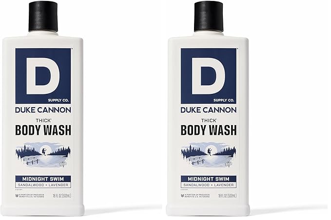 Duke Cannon Supply Co. Thick High Viscosity Body Wash - 3X Thicker, Plant-Based, Mineral-Enriched Body Wash for Men - Sandalwood and Lavender - Mens Body Scrub - Midnight Swim (18 oz) (Pack of 2)