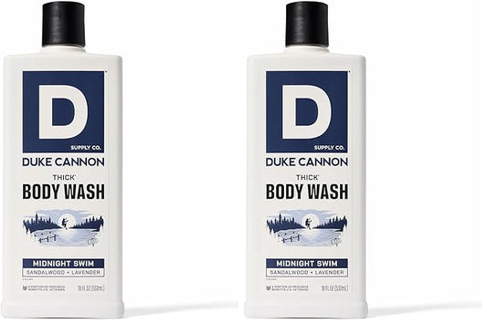 Duke Cannon Supply Co. Thick High Viscosity Body Wash - 3X Thicker, Plant-Based, Mineral-Enriched Body Wash for Men - Sandalwood and Lavender - Mens Body Scrub - Midnight Swim (18 oz) (Pack of 2)