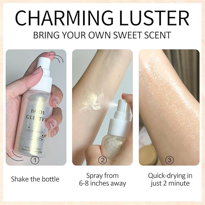 Body Glitter Spray Highlight, 4 Shimmering Color, Quick-Drying Formula Moisturizing Liquid Highlighter for Black/White Skin Women Men for Party, All Body Parts (# 02 Rose Gold)