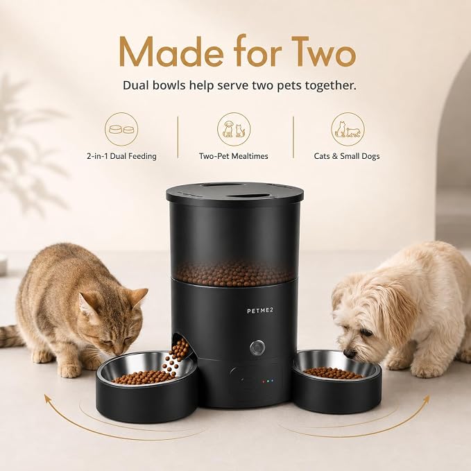 3L Cat Treat Dispenser with Dual Stainless Steel Cat Bowls - Quiet Automatic Cat Feeder for 2 Cats with App Control, 2 Way Audio, Dual Power Options, Self-Feeding Cat Food Dispenser - Black