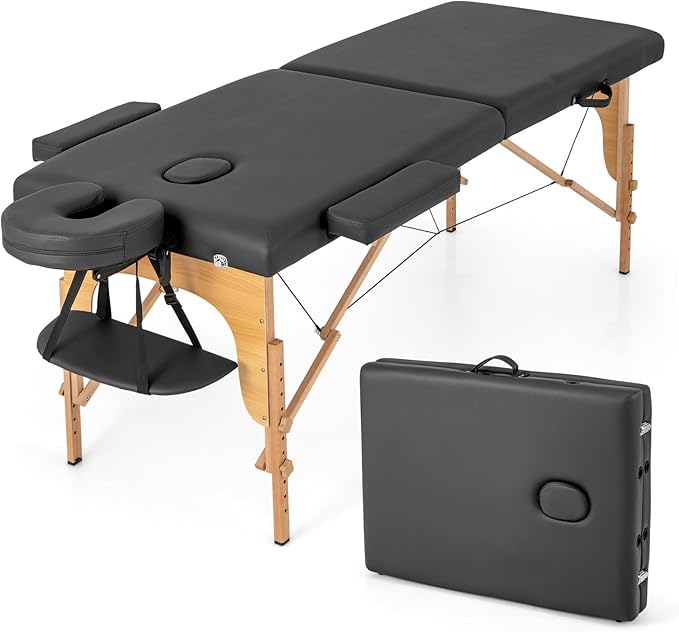 Giantex Massage Table, Portable Massage Bed w/Carrying Case, 2-Section Salon Spa Facial Care Tattoo Bed, Height Adjustable, Wood Frame, Professional Massage Lash Bed for Eyelash Extension (Black)