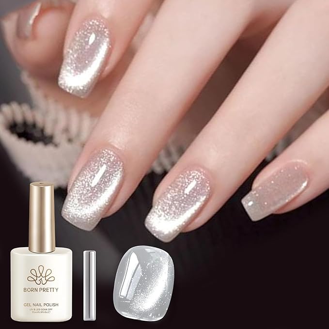 Born Pretty Cat Magnetic Eye Gel Nail Polish,15ML Water Light Silver Magnetic Gel Polish Silver White Jelly Glass Crystal Nail Polish Glitter Shimmer Auroras Gels Nail