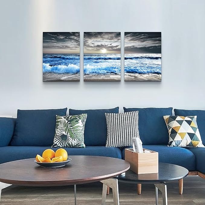 MHARTK66 3 Panel Blue Beach Canvas Wall Art for Home Decor Bedroom Wall painting Sunset White Wave Beach Pictures on Canvas Sea View Canvas Prints Artwork for Wall Decor Living Room Decorations